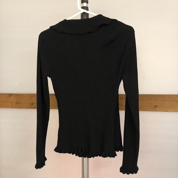 JONES‎ NEW YORK Black Faux Wrap V-Neck Ruffle Ribbed Knit Sweater Sz S - Picture 6 of 8